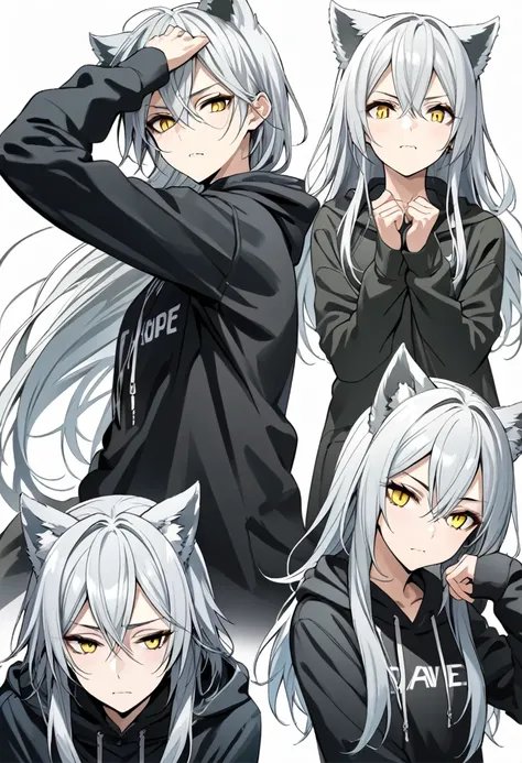 Beautiful youth, Silver Hair, Yellow Eyes, Long Hair, Long, narrow eyes, Black hoodie with wolf ears, White Background, Dog Pose, Raise your shoulders, Flying black heart,high quality, Draw Amount, Pixiv illustration