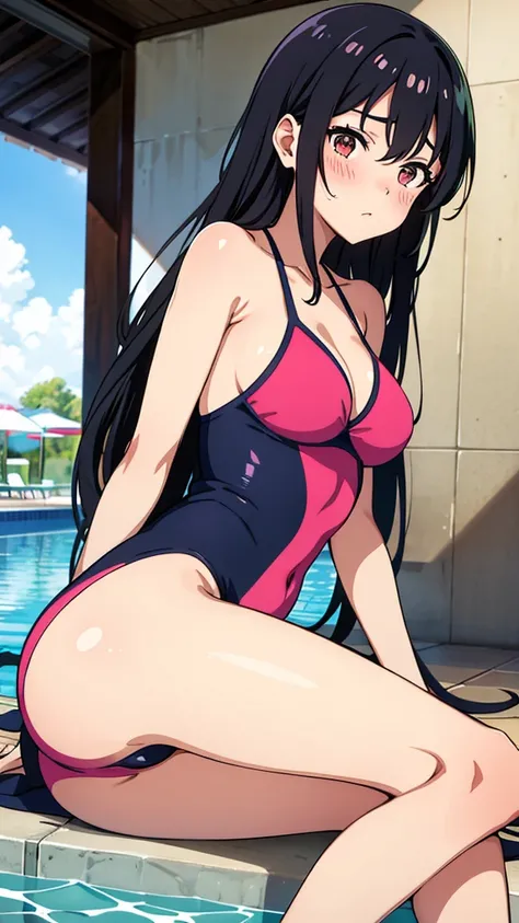 Colorful high leg swimsuit　Black hair semi-long hair　Great style　blush　Quite embarrassing　Poolside