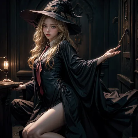 Witch Girl,Long, light blonde hair,Black-blue witch ,Wear a blue tie, Highest quality, Highest picture quality, high resolution, realistic, 8K, Highly detailed,In a small dark medieval room