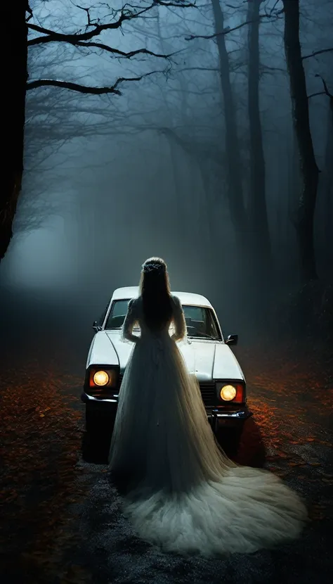 the white lady, wearing weading dress, sitting in the passenger seat of a car at night. the car is on a dark, foggy forest road,...