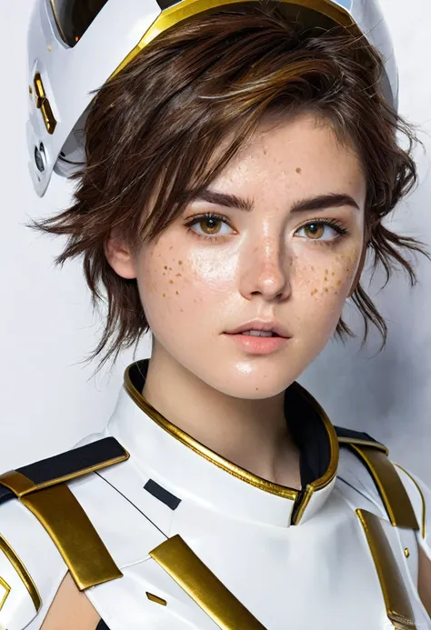 A young woman with short, messy brown hair and determined eyes. She wears a futuristic white and gold military uniform with sleek lines and technological accents. Include a close-up of her face showcasing confidence and a sprinkle of freckles.  On the shee...