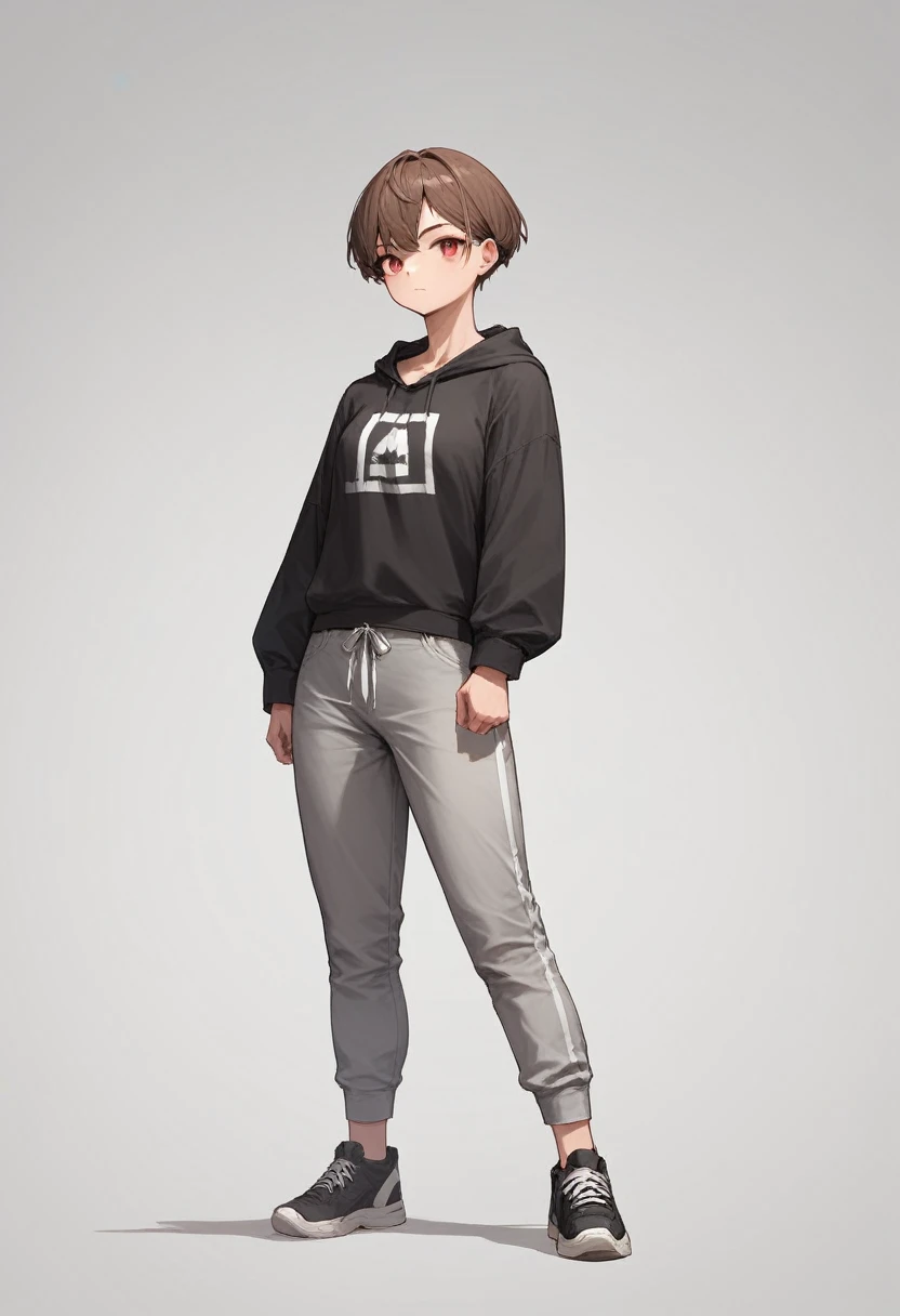 1 girl, brown short hair, red eyes with black whites, black sweatshirt, gray pants, black sneakers with white laces, White background, standing straight