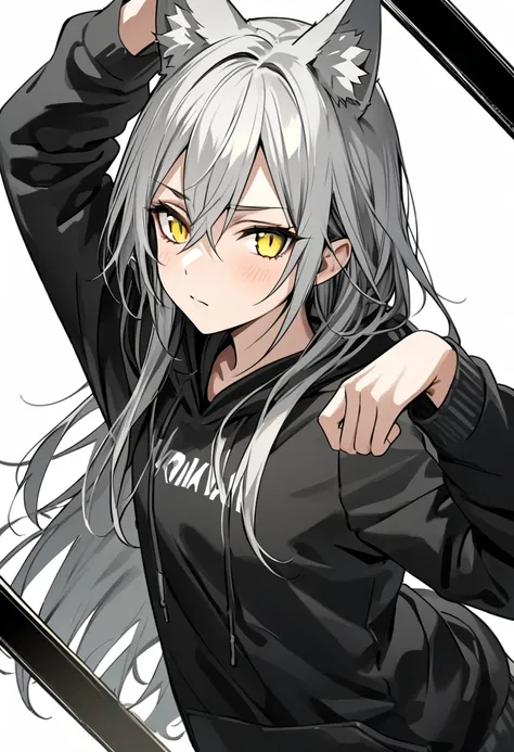 Beautiful youth, Silver Hair, Yellow Eyes, Long Hair, Long, narrow eyes, Black hoodie with wolf ears, White Background, Dog Pose, Raise your shoulders, Flying black heart,high quality, Draw Amount, Pixiv illustration