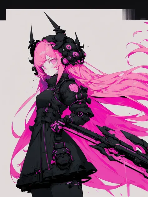 I will create a simple but highly detailed illustration of a young female character with long pink hair. She has black horns、She wears black and pink gothic style clothing. The character has a large scythe、looks angry. The background is plain pink、No addit...