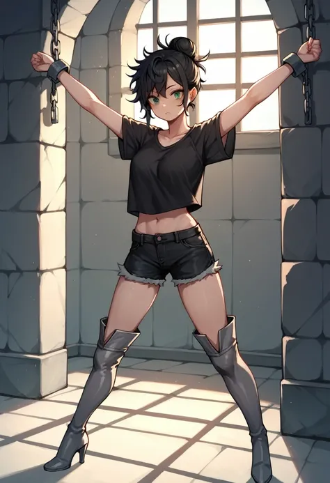 score_9, score_8_up, score_7_up, score_6_up, score_5_up, score_4_up, source_anime, 1girl, black hair, hair bun, green eyes, w-w-chain, spread arms, messy hair,black shirt,shorts,thigh high boots,gray boots,without heels, dungeon, best quality, best res, 4K...