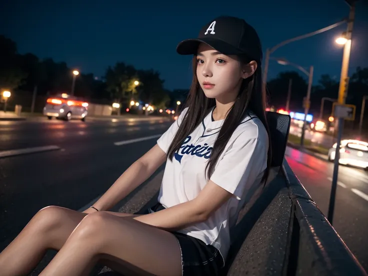 A girl，night，Put on a baseball cap，Sitting on the roadside，Street Lights