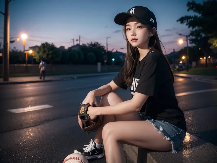 A girl，night，Put on a baseball cap，Sitting on the roadside，Street Lights