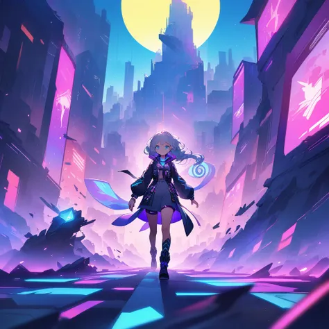 Futuristic anime-style album cover illustration. A long, desolate street stretches towards a giant full moon. Decaying buildings line both sides, creating a canyon-like effect. The street is littered with rubble and broken technology.

In the foreground, a...