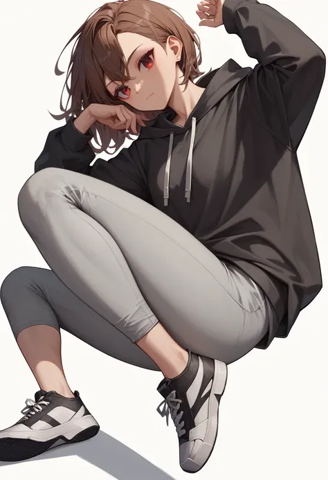 1 girl, Brown hair, square,  red eye color, black sweatshirt, gray pants, black sneakers with white laces, White background, there&#39;s a smile on your face