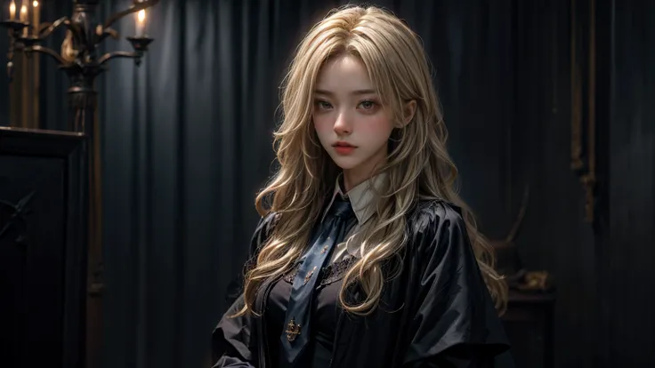 Witch Girl,Long, light blonde hair,Black-blue witch ,Wear a blue tie, Highest quality, Highest picture quality, high resolution, realistic, 8K, Highly detailed,In a small dark medieval room