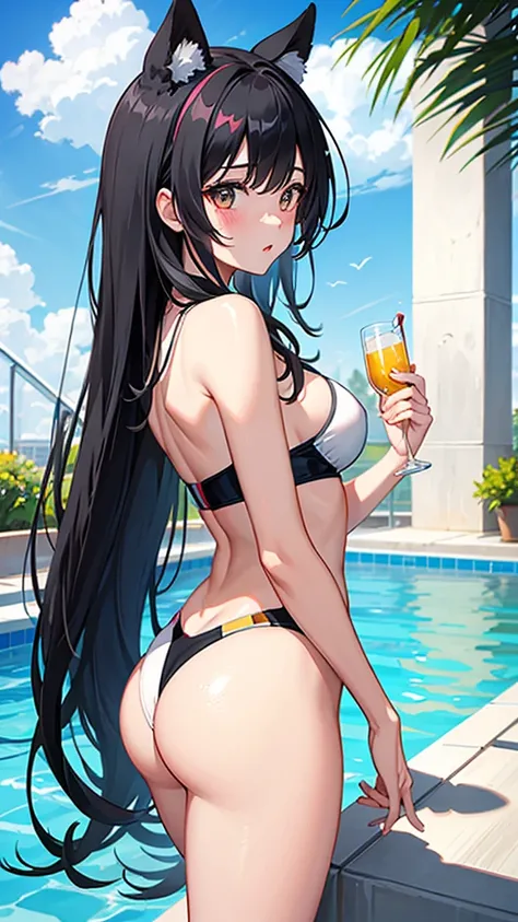 Colorful high leg swimsuit　Black hair semi-long hair　Great style　blush　Quite embarrassing　Poolside