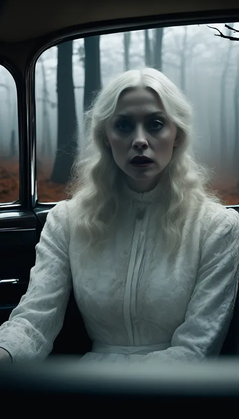 Inside the car, the White Lady in white slowly turns her head towards the driver, revealing a pale, haunting face with dark eyes. The drivers expression is one of fear and shock. The car interior remains dimly lit, with the foggy forest road and twisted tr...