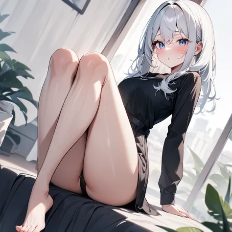 1 girl,Solo,White hair,tow torn color,lovely,masterpiece, best quality, very aesthetic,masterpiece, high quality,best quality, very aesthetic,absurdres,Thighs,legs,(Between:1.3),barefoot,