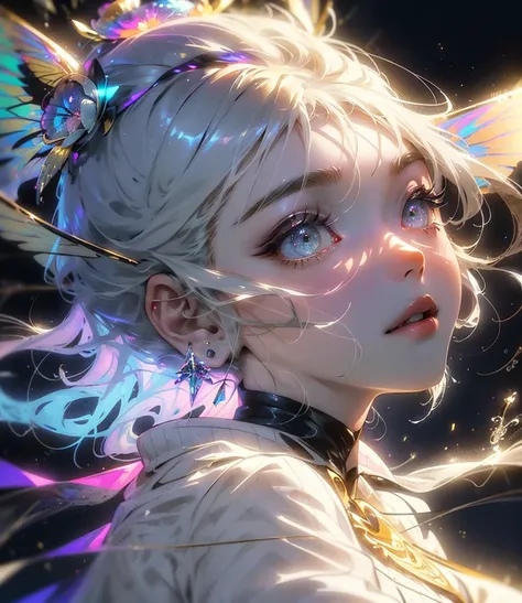 (((Masterpiece))), (((Best quality))), ((Ultra-detailed)),(Highly detailed CG illustration), ((An extremely delicate and beautiful)),Cinematic light, Create stunning fantasy artwork，fairy fantasy，the Flower Fairy，Transparent butterfly wings，Fairy stick，Lot...