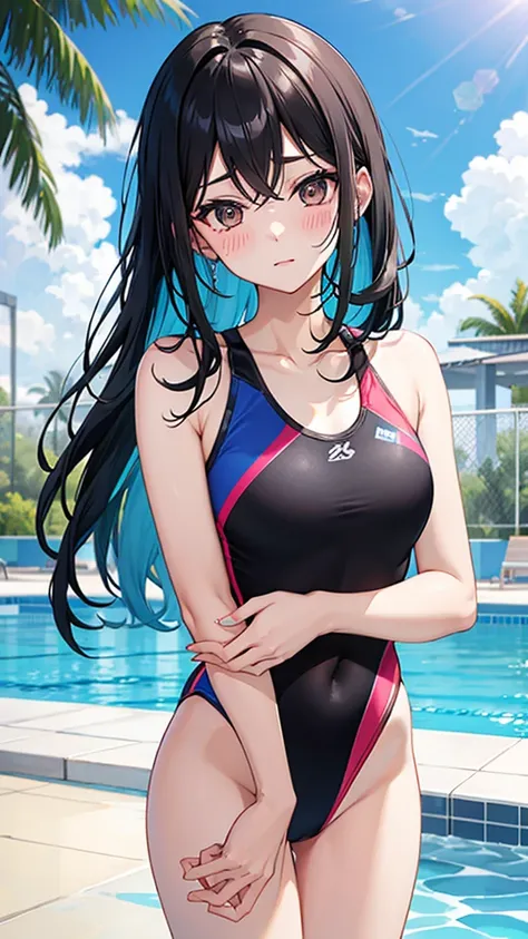 Colorful competitive swimwear　Black hair semi-long hair　Great style　blush　Quite embarrassing　Poolside