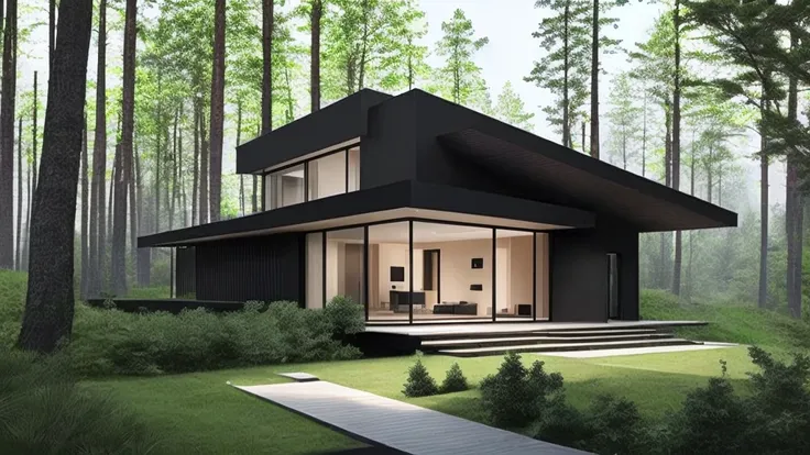 a rendering of a modern House in the Forests with a pool, minimalistic House in the Forest, House in the Forest, Build in the forest near the lake, modern House in the Forest, concept house, House in the Forest, Black House, Futuristic house, House in the ...