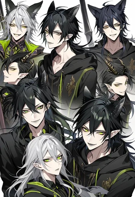 malleus draconia (twisted wonderland) horns, bishounen, boy, male, yana Toboso style, long hair, black hair, yellow green eyes, smile, gray lips, handsome, skinny, tall, yellow green, Beautiful youth, Silver Hair, Yellow Eyes, Long Hair, Long, narrow eyes,...