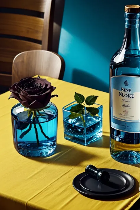 A black rose in a blue glass vase with some water next to a bottle of strong alcohol on a fir table with a tablecloth and the bottle of alcohol has a yellow note, drawing style 