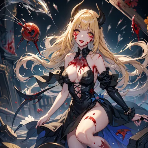 Delicate features, Crazy Smile,  Devil horns,Mouth wide open, Mouth open and teeth bared, wide lips, Very wide mouth, Frowning, Vermilion-tinted cheeks, Blonde Hair, Princess Cut, Ribbon hair ornament, brooch, Shiny candy blue dress, Gold embroidery,Lolita...