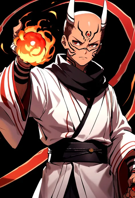 ryomen sukuna, fireball in hand, ready to fight, upper body, no background, white kimono, wide sleeves, black scarf