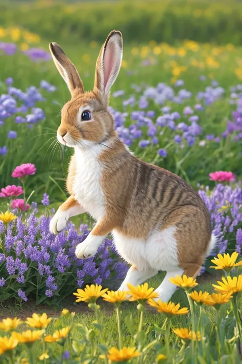 "An illustration of a cute brown floppy-eared rabbit happily hopping in a colorful flower field. The background has a blue sky with white clouds."