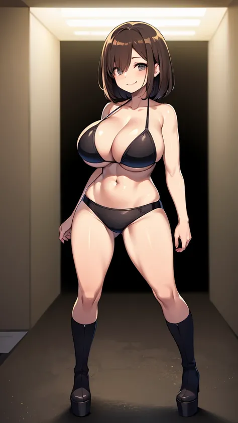 (High resolution, best quality:1.2), (40 years old:1.8), smiling, straight eyes, arms behind back, (pigeon toed:1), anime-style illustration of a housewife with huge breasts, brown hair covering one eye, wearing a metallic bikini and platform boots. She is...