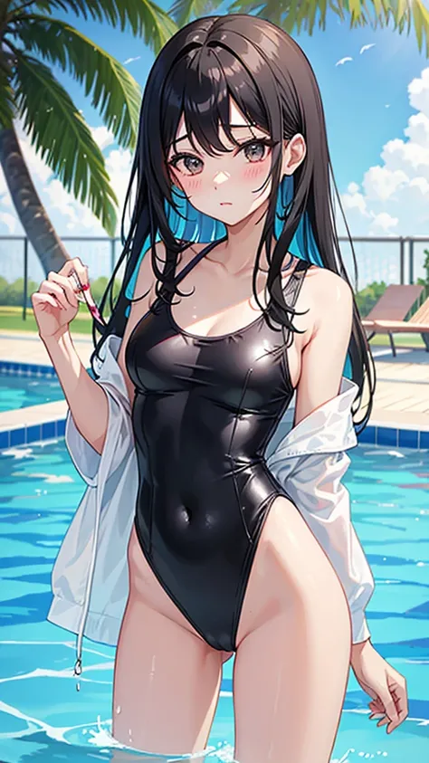 Colorful one-piece swimsuit　Black hair semi-long hair　Great style　blush　Quite embarrassing　Poolside