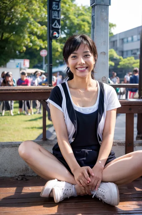 48 years old　D cup saggy breasts　woman　A kind smile　Big eyes　Front teeth　Japanese　classmate　High resolution, Highest quality, super high quality, Ultra-detailed, Cinematic lighting、On the street、Sweaty、Sweat、Black-haired、Idol girl singing on the bandstand、...