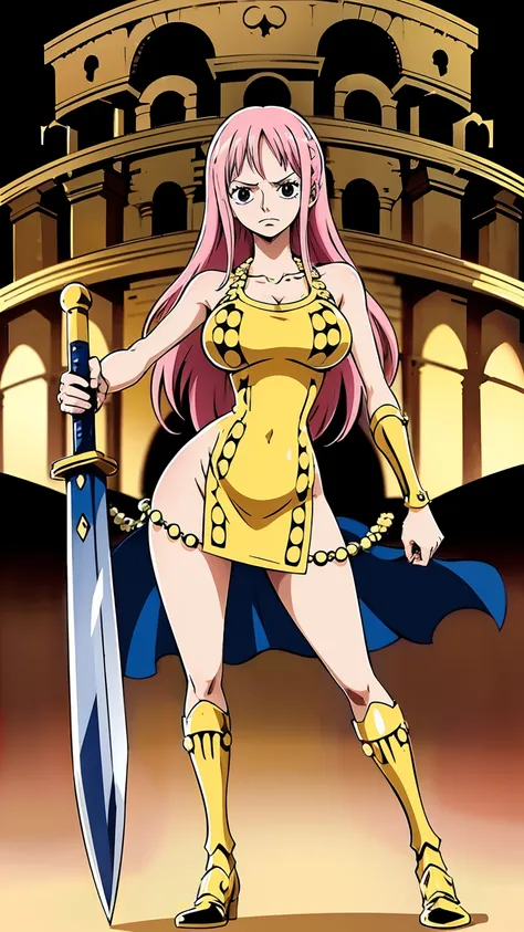 Draw Rebecca from "One Piece" in an anime style. She has long pink hair that is straight and reaches slightly below her shoulders. Rebeccas eyes are large and blue. She is wearing pink armor with gold decorations on the shoulders and chest. Under the armor...