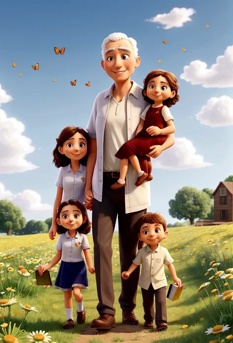 family, Young mother, young dad, mom dad same height, One , holding hands, walking through a chamomile field, smiling, dad has a book in his hand, mom has a bouquet of daisies in her hand, the sun is shining, blue sky, White clouds, Butterflies fly