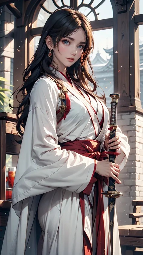 Close-up of a woman wearing a white dress and holding a sword, Portraits by Jan J., Trending on CGSociety, Fantasy art, Beautiful character drawings, artwork in the style of Gwaiz, Gwaiz, White Hanfu, Flowing white robes, Full body martial arts, Magnificen...