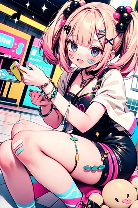 1girl, bottom view, from the bottom, perspective, low-angle, theres a girl in public street of shibuya, holding a (vintage flip-phone) on her hand, she has long painted nailes with decorations, nailart, she has ((dark hot pink hair)) in long pigtails with ...