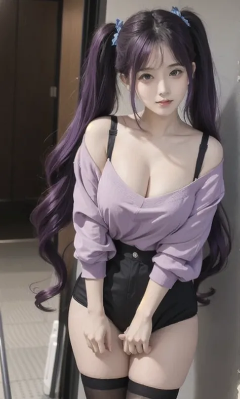 Purple Hair、Twin tails、Absolute area、Black Knee High、Big Breasts、panties、