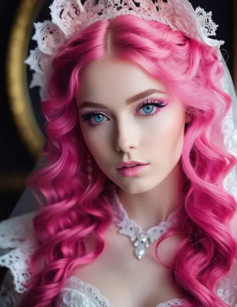 very attractive 25 year old girl with long wavy bright pink hair, Extreme close portrait of the  rococo and lace futuristic bride, 25 year old nordic, photo quality