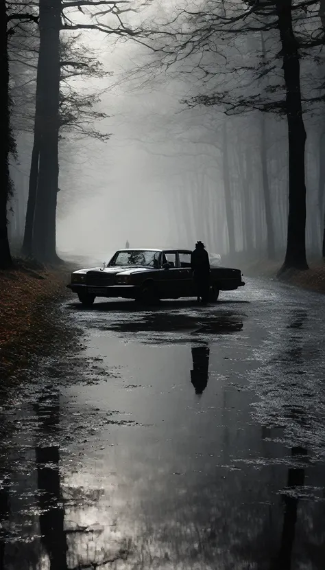 Sur le bord de la route forestière, la silhouette de la Dame Blanche se dessine dans la brume nocturne. Sa robe blanche flotte autour delle, contrastant avec ses longs cheveux sombres qui dissimulent son visage pâle et troublant. Les arbres tordus et la br...