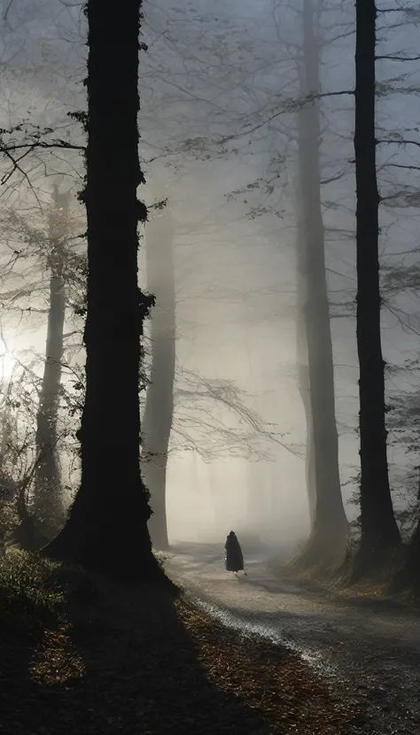 Sur le bord de la route forestière, la silhouette de la Dame Blanche se dessine dans la brume nocturne. Sa robe blanche flotte autour delle, contrastant avec ses longs cheveux sombres qui dissimulent son visage pâle et troublant. Les arbres tordus et la br...