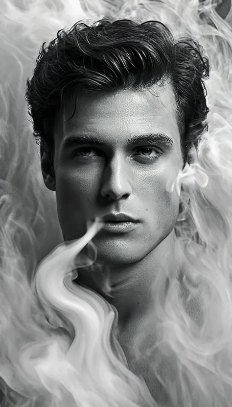 ethereal photo of the face of a full body, handsome man looking to the right, emerging from swirling strokes of smoke and vapors...