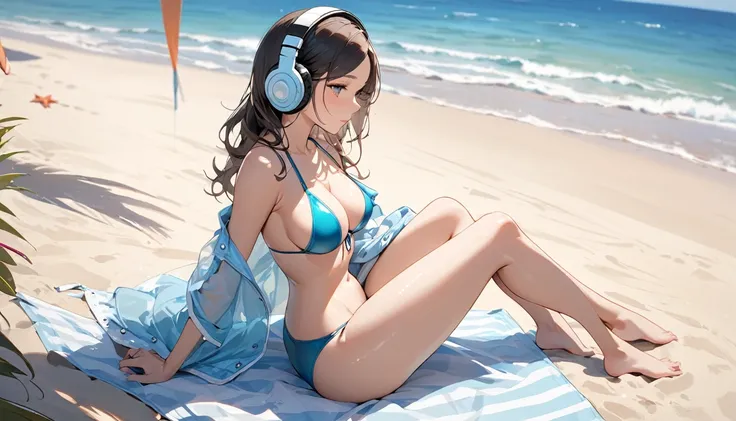 ((Top Quality)), ((Masterpiece)), ((Details)), perfect face, perfect body, sitting on the beach, listening to music, wearing headphones, wearing swimsuit, swimsuit transparent, tight with buttocks and breasts exposed Woman with clothes on and face visible