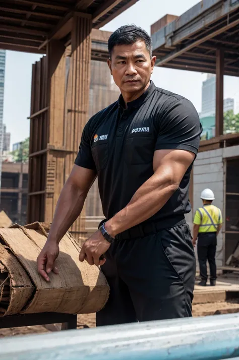  ภาพrealistic, Thai Men, Wear a black suit., Age 40, Oval face,Go see the construction site, outdoor, In the back there are people working on construction., depth of field, Bokeh, realism, realistic, hyperrealism, professional photography, FuSD, dslr.