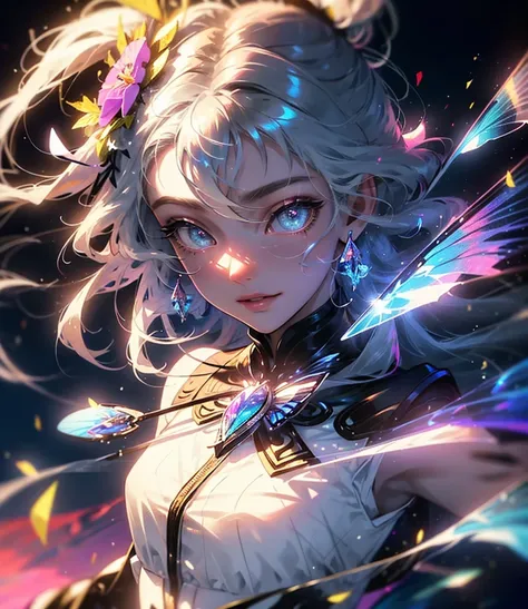 (((Masterpiece))), (((Best quality))), ((Ultra-detailed)),(Highly detailed CG illustration), ((An extremely delicate and beautiful)),Cinematic light, Create stunning fantasy artwork，fairy fantasy，the Flower Fairy，Transparent butterfly wings，Fairy stick，Lot...