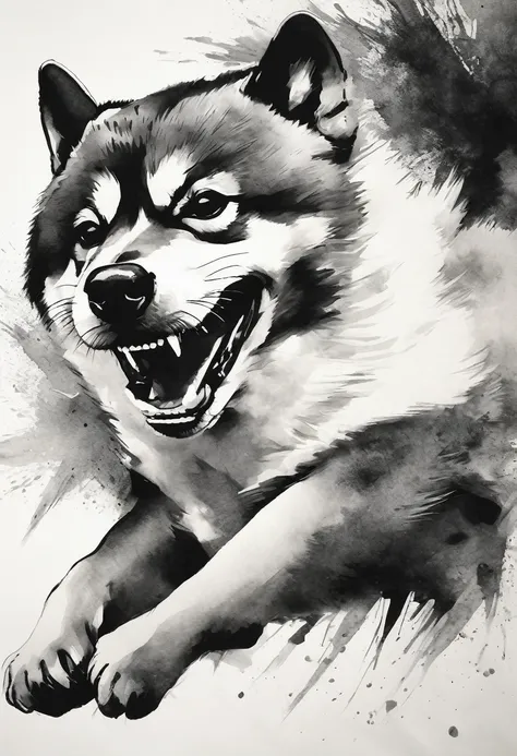 "Dynamic ink brushstroke style, black and white only: illustration by a professional illustrator, featuring an angry Shiba Inu baring its teeth and leaping, action shot, high detail, white background, sharp focus, full body, masterpiece, highly detailed, h...