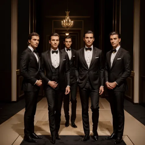 Capture the elegance and sophistication of four individuals, comprising four men. The four men don black tuxedos, They stand side by side on the grand opera stage, exuding an air of utmost refinement and poise. Ensure the image is a realistic, ultra HD por...