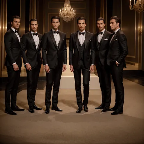 Capture the elegance and sophistication of four individuals, comprising four men. The four men don black tuxedos, They stand side by side on the grand opera stage, exuding an air of utmost refinement and poise. Ensure the image is a realistic, ultra HD por...