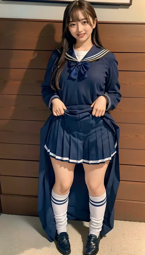 ((highest quality、8k、masterpiece:1.3)),((((fullbody shot)))),Ultra-high resolution,big eyes,Japanese,bangs,(a girl),(1 girl),((20 years old)),((facing at viewer)),(long hair),(((black sailor uniform))),grin,((standing)),((skirt lift))