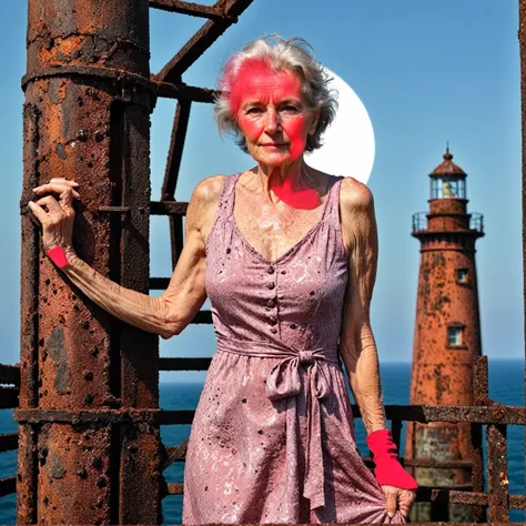 raw photo, full body portrait of a beautiful 70 year old woman, wrinkled face, pink summer dress, she stands on  a rusty trellis...