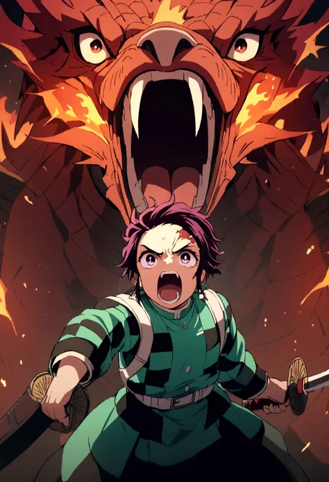 tanjiro, with sword, fire dragon, fire sword, ready to fight, screaming