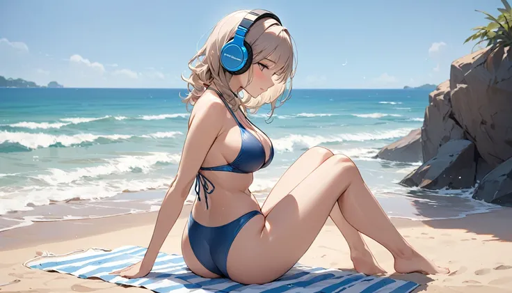 ((Top Quality)), ((Masterpiece)), ((Details)), perfect face, perfect body, sitting on the beach, listening to music, wearing headphones, wearing swimsuit, swimsuit transparent, tight with buttocks and breasts exposed Woman with clothes on and face visible