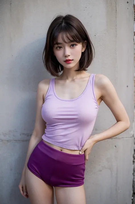 A very cute girl, solo, young, wearing purple tank top and short pants, big breasts, white and smooth skin, standing, medium hairs, red lip, at countryside, realistic face