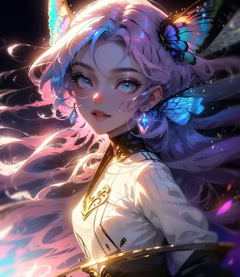 (((Masterpiece))), (((Best quality))), ((Ultra-detailed)),(Highly detailed CG illustration), ((An extremely delicate and beautiful)),Cinematic light, Create stunning fantasy artwork，fairy fantasy，the Flower Fairy，Transparent butterfly wings，Fairy stick，Lot...