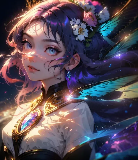 (((Masterpiece))), (((Best quality))), ((Ultra-detailed)),(Highly detailed CG illustration), ((An extremely delicate and beautiful)),Cinematic light, Create stunning fantasy artwork，fairy fantasy，the Flower Fairy，Transparent butterfly wings，Fairy stick，Lot...